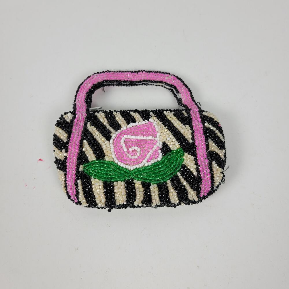 Vintage Handmade Womens Coin Purse Pink Black Rose Embellished Beads with Handle